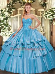 Modest Sleeveless Organza and Taffeta Floor Length Lace Up Quinceanera Gowns in Baby Blue with Beading and Ruffled Layers
