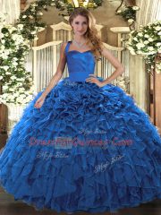 Dramatic Halter Top Sleeveless Lace Up Sweet 16 Dresses Blue Organza