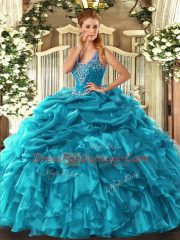 Straps Sleeveless Lace Up Ball Gown Prom Dress Teal Organza