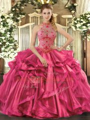 Hot Pink Sleeveless Floor Length Beading and Embroidery and Ruffles Lace Up Quinceanera Gowns