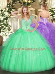 Smart Sleeveless Tulle Floor Length Lace Up Sweet 16 Dress in Apple Green with Beading