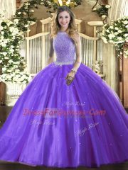 Lavender Sleeveless Floor Length Beading Lace Up Sweet 16 Dresses