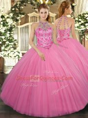 High Quality Tulle Halter Top Sleeveless Lace Up Beading 15th Birthday Dress in Rose Pink