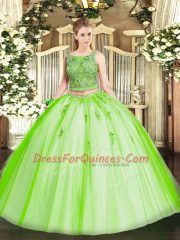 Amazing Scoop Sleeveless 15th Birthday Dress Floor Length Beading and Appliques Tulle