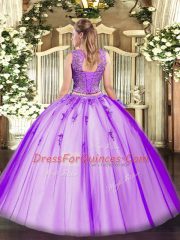 Amazing Scoop Sleeveless 15th Birthday Dress Floor Length Beading and Appliques Tulle