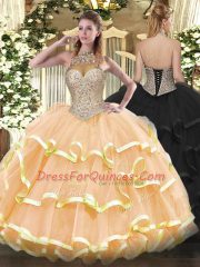 Floor Length Ball Gowns Sleeveless Peach Sweet 16 Dresses Lace Up