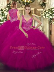 Luxurious Floor Length Fuchsia Sweet 16 Quinceanera Dress Tulle Sleeveless Beading and Ruffles