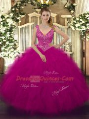Luxurious Floor Length Fuchsia Sweet 16 Quinceanera Dress Tulle Sleeveless Beading and Ruffles