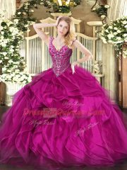Ideal Fuchsia Ball Gowns V-neck Sleeveless Organza Floor Length Lace Up Beading and Ruffles Quinceanera Gowns