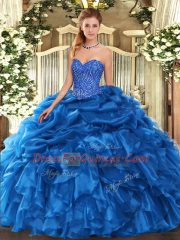 Amazing Sleeveless Floor Length Beading and Ruffles and Pick Ups Lace Up Quinceanera Dresses with Blue