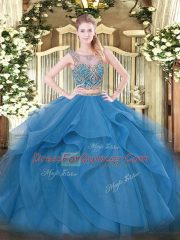 Colorful Floor Length Blue Quince Ball Gowns Tulle Sleeveless Beading and Ruffles