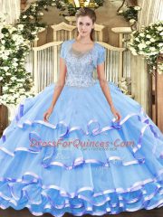 Superior Ball Gowns Quinceanera Gown Aqua Blue Scoop Tulle Sleeveless Floor Length Clasp Handle