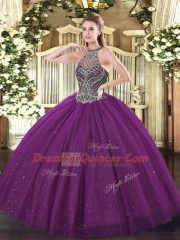 Amazing Eggplant Purple Halter Top Lace Up Beading 15 Quinceanera Dress Sleeveless