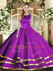 Flare Eggplant Purple Ball Gowns Scoop Sleeveless Tulle Floor Length Lace Up Ruffled Layers Vestidos de Quinceanera