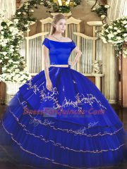 Amazing Organza and Taffeta Off The Shoulder Short Sleeves Zipper Embroidery and Ruffled Layers Vestidos de Quinceanera in Royal Blue