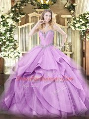 Cheap Lavender Sleeveless Floor Length Beading and Ruffles Lace Up 15th Birthday Dress