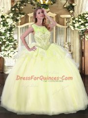 Amazing Floor Length Lace Up Sweet 16 Dresses Light Yellow for Sweet 16 and Quinceanera with Beading