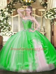 Green Halter Top Neckline Beading and Ruffles Sweet 16 Dress Sleeveless Lace Up