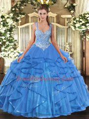 Baby Blue Tulle Lace Up Straps Sleeveless Floor Length 15 Quinceanera Dress Beading and Ruffles