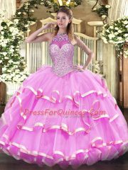 Great Halter Top Sleeveless Lace Up Ball Gown Prom Dress Rose Pink Organza