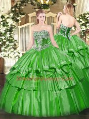 Beauteous Sleeveless Organza and Taffeta Floor Length Lace Up Quinceanera Gown in Green with Beading and Ruffled Layers