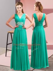 Extravagant V-neck Sleeveless Prom Evening Gown Floor Length Beading and Ruching Turquoise Chiffon