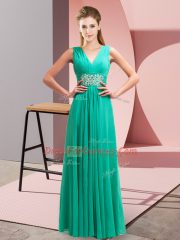 Extravagant V-neck Sleeveless Prom Evening Gown Floor Length Beading and Ruching Turquoise Chiffon