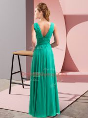 Extravagant V-neck Sleeveless Prom Evening Gown Floor Length Beading and Ruching Turquoise Chiffon