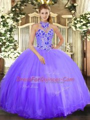 Eye-catching Lavender Ball Gowns Halter Top Sleeveless Tulle Floor Length Lace Up Embroidery Ball Gown Prom Dress