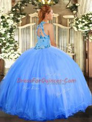 Eye-catching Lavender Ball Gowns Halter Top Sleeveless Tulle Floor Length Lace Up Embroidery Ball Gown Prom Dress