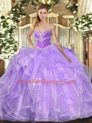 Affordable Organza Sweetheart Sleeveless Lace Up Beading and Ruffles Quinceanera Dress in Lavender