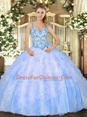 Floor Length Baby Blue Sweet 16 Quinceanera Dress Organza Sleeveless Beading and Ruffles