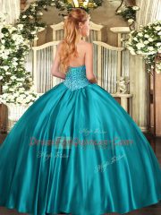 Clearance Turquoise Ball Gowns Beading Quince Ball Gowns Lace Up Satin Sleeveless Floor Length