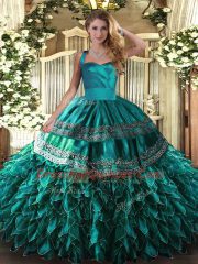 Artistic Sleeveless Organza Floor Length Lace Up Vestidos de Quinceanera in Turquoise with Embroidery and Ruffles