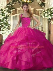 Custom Design Sleeveless Floor Length Ruffles Lace Up Vestidos de Quinceanera with Hot Pink