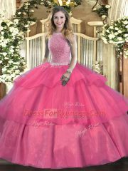 Hot Pink Lace Up Sweet 16 Dresses Beading and Ruffled Layers Sleeveless Floor Length
