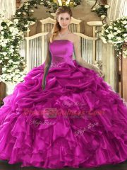 Strapless Sleeveless Vestidos de Quinceanera Floor Length Ruffles and Pick Ups Fuchsia Organza