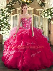 Popular Hot Pink Ball Gowns Embroidery Quinceanera Gowns Lace Up Organza and Printed Sleeveless Floor Length