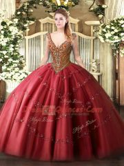Deluxe V-neck Sleeveless Tulle 15 Quinceanera Dress Beading and Appliques Lace Up