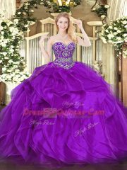 Ball Gowns 15th Birthday Dress Eggplant Purple Sweetheart Organza Sleeveless Floor Length Lace Up