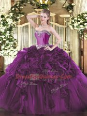 Purple Sleeveless Floor Length Beading and Ruffles Lace Up Sweet 16 Dress