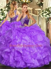 Straps Sleeveless Lace Up Quince Ball Gowns Lavender Organza