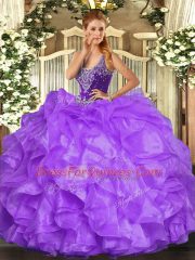 Straps Sleeveless Lace Up Quince Ball Gowns Lavender Organza