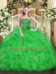 Suitable Sleeveless Lace Up Floor Length Beading and Ruffles Quince Ball Gowns