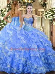 Delicate Baby Blue Quinceanera Dress Military Ball and Sweet 16 and Quinceanera with Beading and Ruffled Layers Sweetheart Sleeveless Lace Up