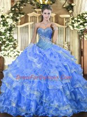 Delicate Baby Blue Quinceanera Dress Military Ball and Sweet 16 and Quinceanera with Beading and Ruffled Layers Sweetheart Sleeveless Lace Up
