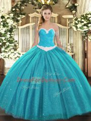 Free and Easy Teal Ball Gowns Sweetheart Sleeveless Tulle Floor Length Lace Up Appliques Sweet 16 Dresses