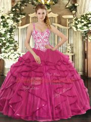 Simple Hot Pink Sleeveless Floor Length Beading and Appliques and Ruffles Lace Up Ball Gown Prom Dress