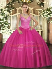 Pretty Sleeveless Floor Length Beading Lace Up Quinceanera Dress with Fuchsia