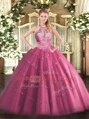 Nice Hot Pink Lace Up Halter Top Lace and Appliques Quinceanera Gowns Tulle Sleeveless